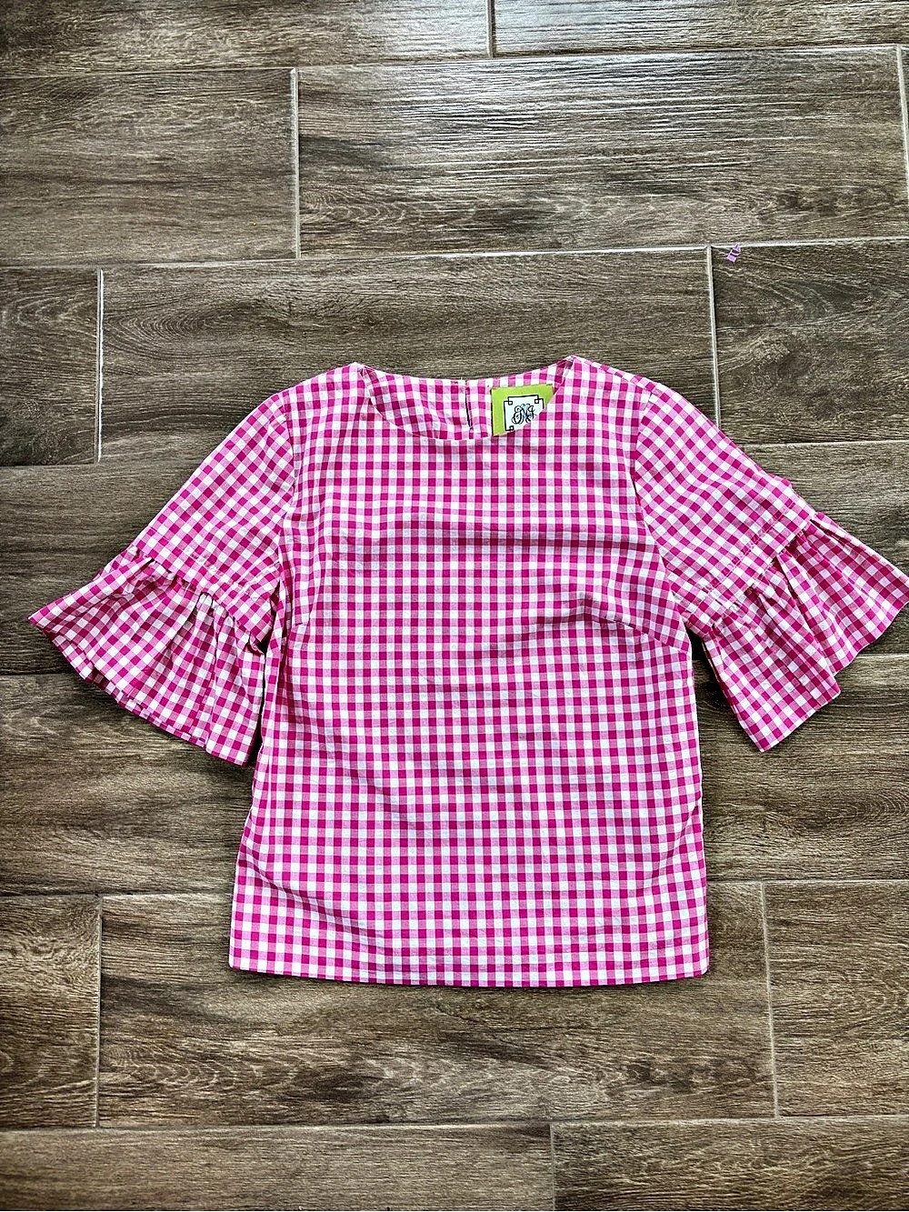 Elizabeth McKay Gingham Blouse in Pink & White Size XS Zip Off Bell Sleeve Prepp